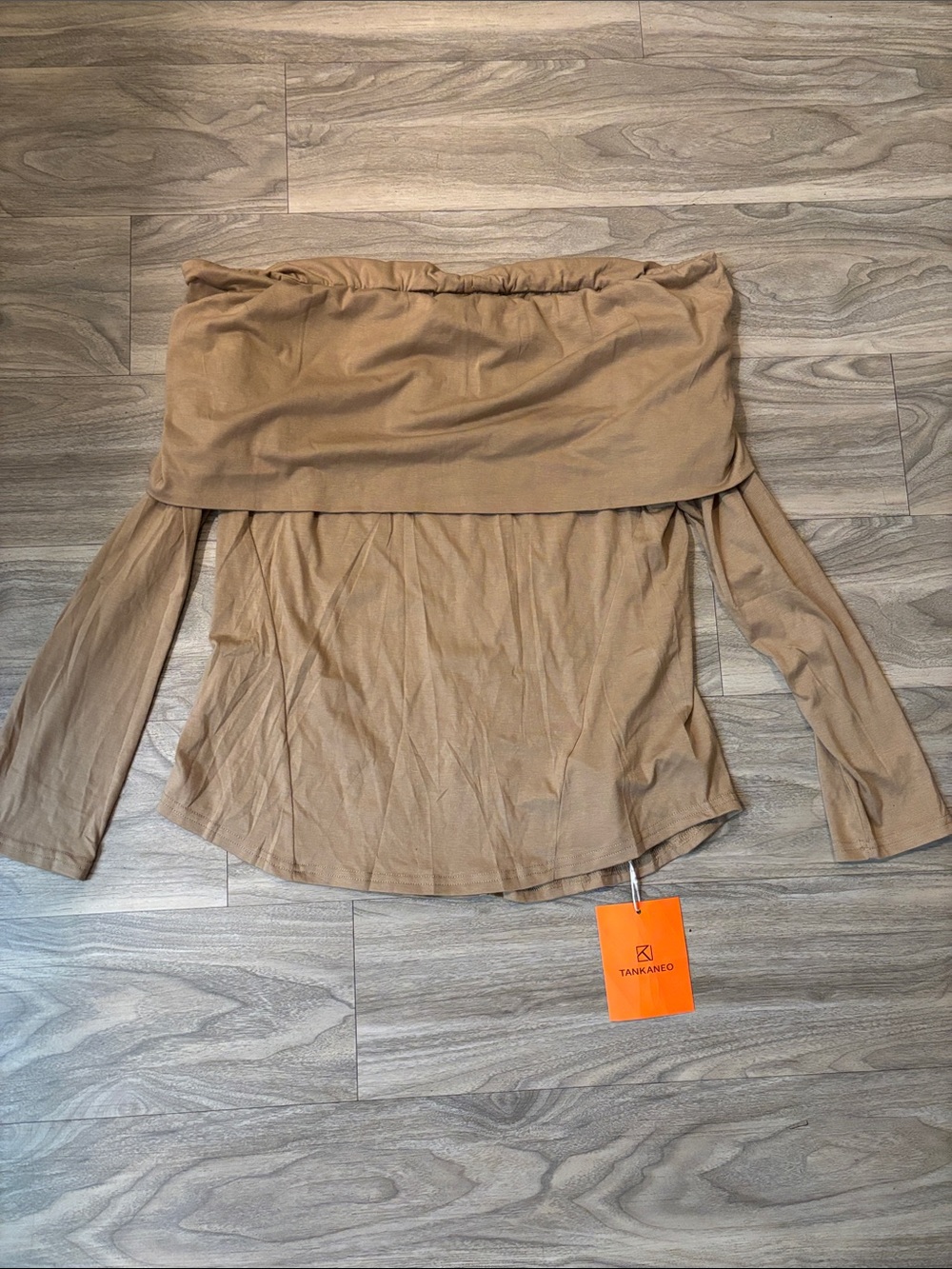 Tankaneo Tan Off-Shoulder Top with Tag